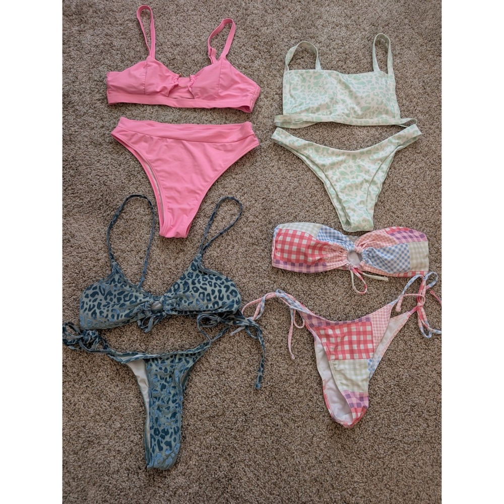 Lot of 4 Bikini Sets Medium Pink Gingham Leopard Print High Cut Cheeky Swimwear